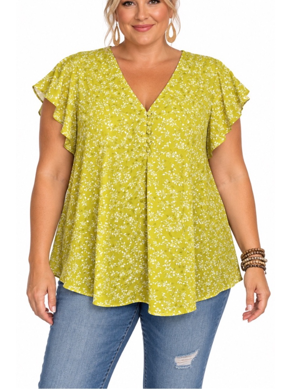 Cynthia Rowley vibrant chartreuse/lime green with white botanical print- size 1X